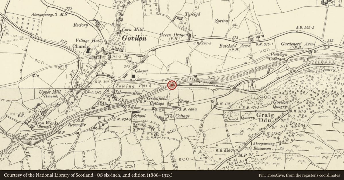 Ordnance Survey six-inch map, 2nd edition (1888–1913) covering the location of Railway Viaduct over Canal to SE of Govilon, Llanfoist Fawr, Monmouthshire, with a pin at the register's coordinates