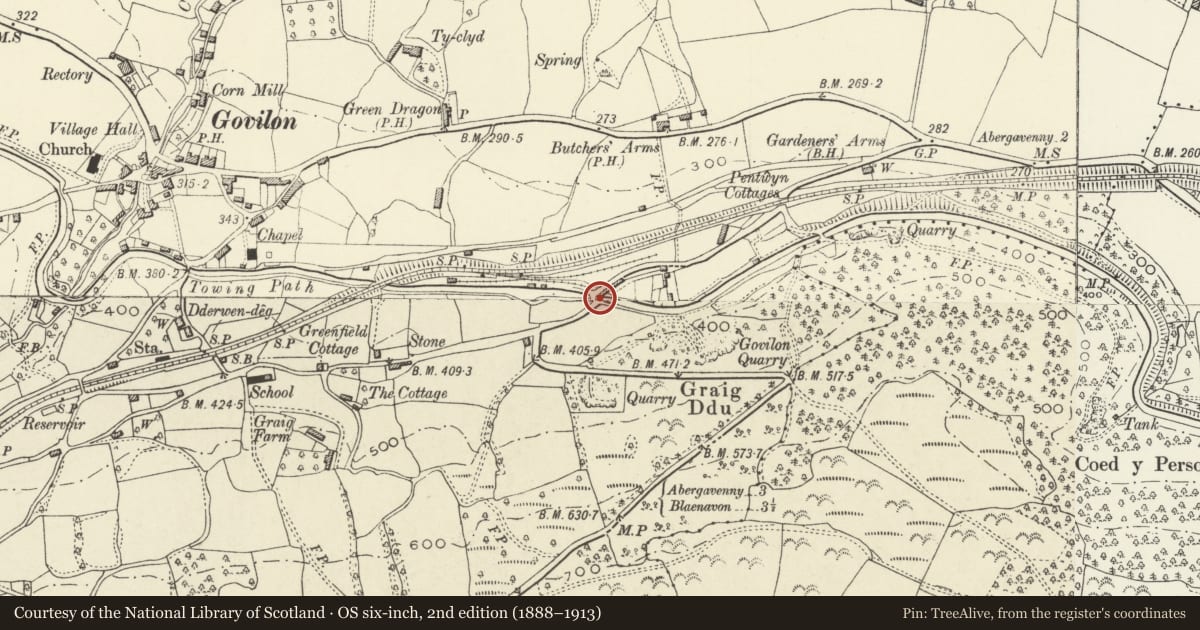 Ordnance Survey six-inch map, 2nd edition (1888–1913) covering the location of Govilon Yard Bridge ( Canal Bridge No 97 ), Llanfoist Fawr, Monmouthshire, with a pin at the register's coordinates