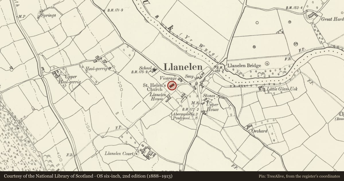 Ordnance Survey six-inch map, 2nd edition (1888–1913) covering the location of Parish Church of St Helen, Llanfoist Fawr, Monmouthshire, with a pin at the register's coordinates
