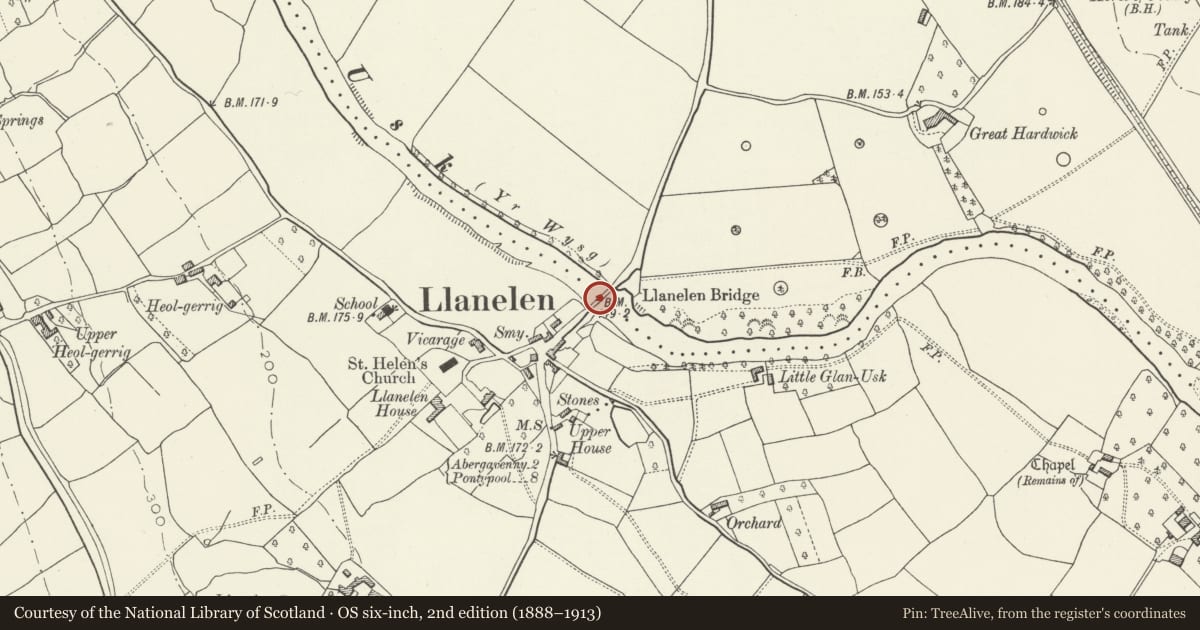 Ordnance Survey six-inch map, 2nd edition (1888–1913) covering the location of Llanellen Bridge, Llanfoist Fawr, Monmouthshire, with a pin at the register's coordinates