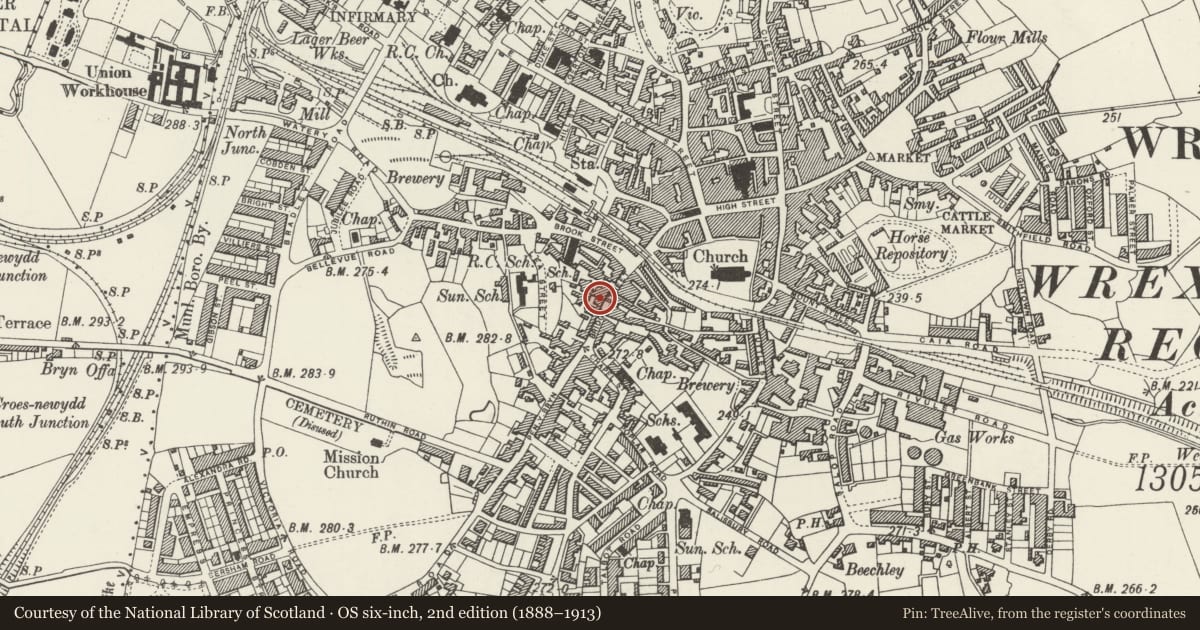 Ordnance Survey six-inch map, 2nd edition (1888–1913) covering the location of Burton Buildings, Offa, Wrexham, with a pin at the register's coordinates
