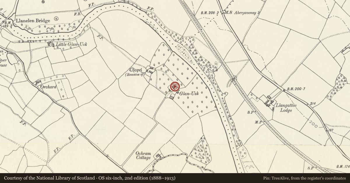 Ordnance Survey six-inch map, 2nd edition (1888–1913) covering the location of Glan Usk Farmhouse, Llanfoist Fawr, Monmouthshire, with a pin at the register's coordinates