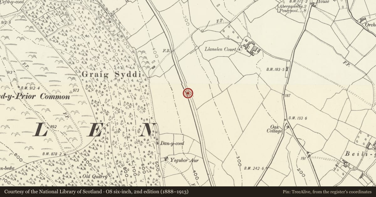 Ordnance Survey six-inch map, 2nd edition (1888–1913) covering the location of Morgans Bridge ( Canal Bridge no 90 ), Llanfoist Fawr, Monmouthshire, with a pin at the register's coordinates