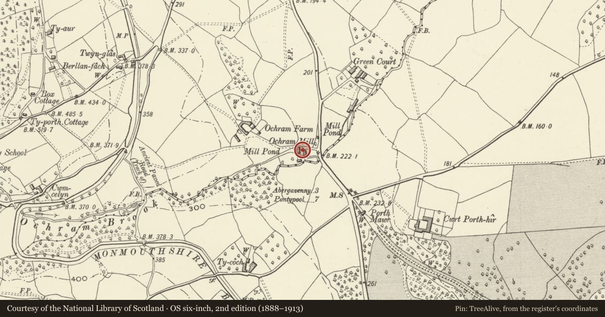 Ordnance Survey six-inch map, 2nd edition (1888–1913) covering the location of Ochram Mill, Llanfoist Fawr, Monmouthshire, with a pin at the register's coordinates