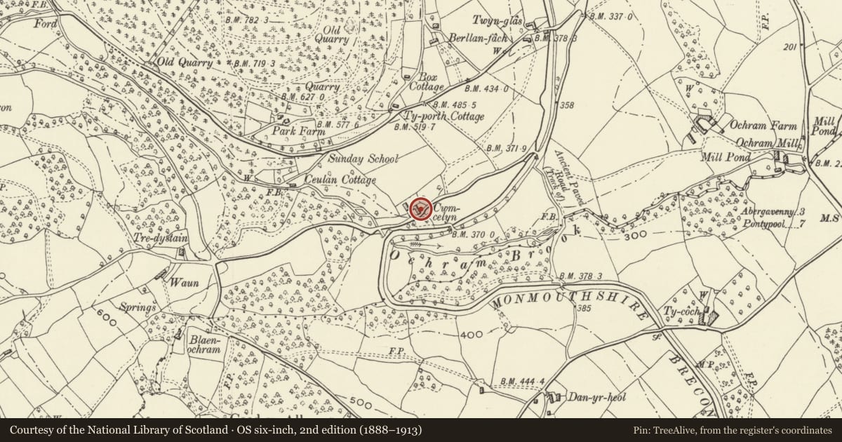 Ordnance Survey six-inch map, 2nd edition (1888–1913) covering the location of Cwm Celyn Farmhouse, Llanfoist Fawr, Monmouthshire, with a pin at the register's coordinates