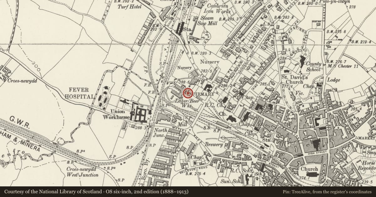 Ordnance Survey six-inch map, 2nd edition (1888–1913) covering the location of Offices and Lodge to Wrexham Lager Brewery, Offa, Wrexham, with a pin at the register's coordinates