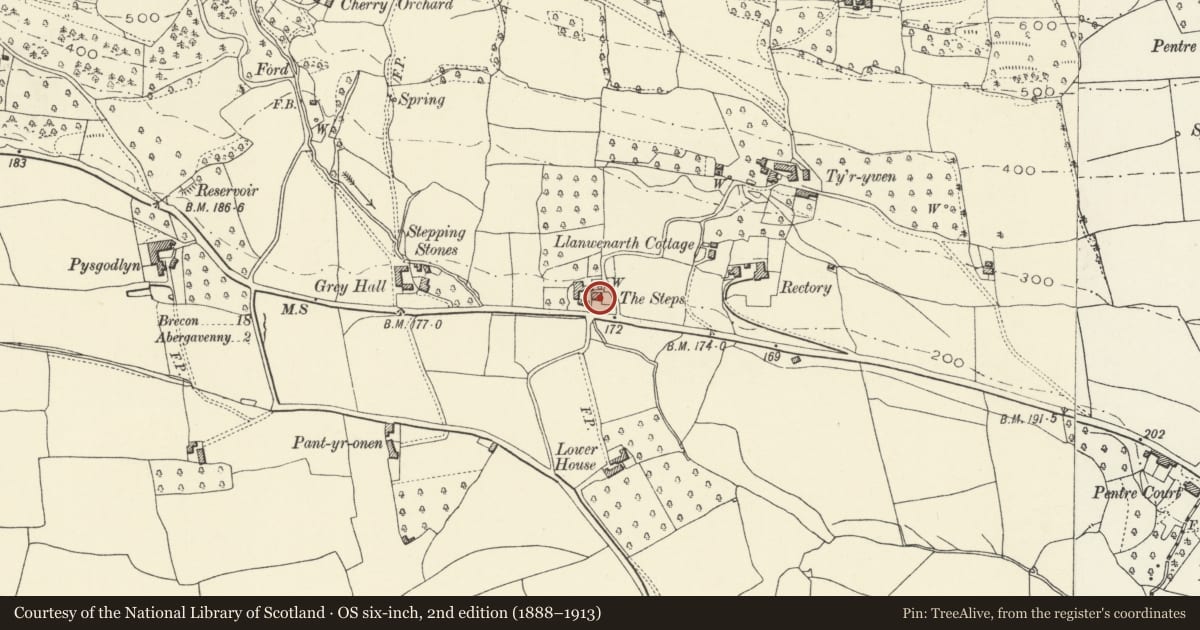 Ordnance Survey six-inch map, 2nd edition (1888–1913) covering the location of The Steps Farmhouse, Abergavenny, Monmouthshire, with a pin at the register's coordinates