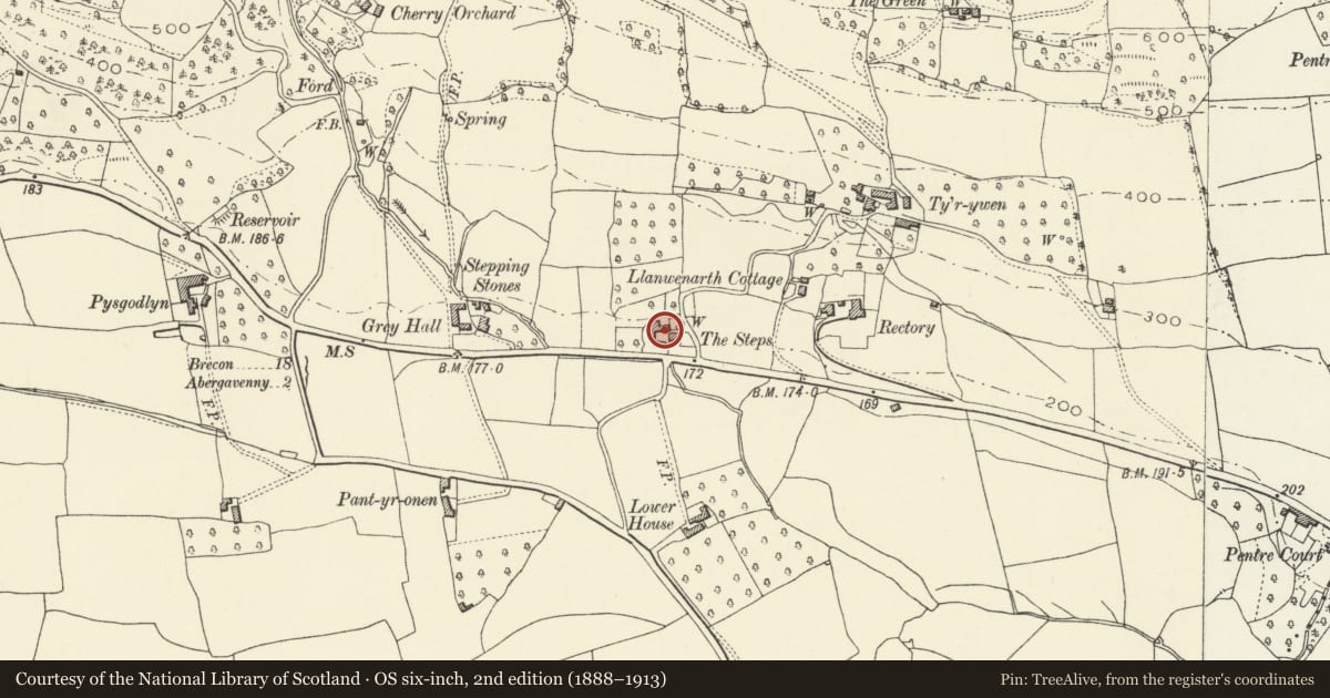 Ordnance Survey six-inch map, 2nd edition (1888–1913) covering the location of Farmyard Building at the Steps, Abergavenny, Monmouthshire, with a pin at the register's coordinates