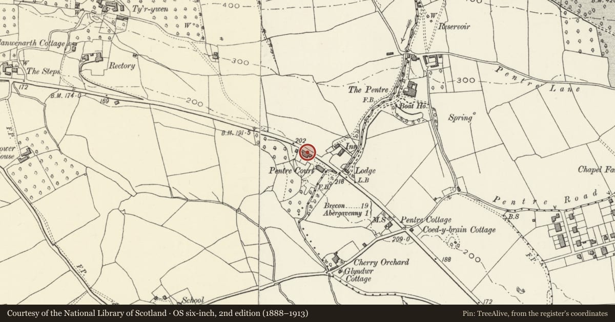Ordnance Survey six-inch map, 2nd edition (1888–1913) covering the location of Former Coach-House and Stables at Pentre Court, Abergavenny, Monmouthshire, with a pin at the register's coordinates