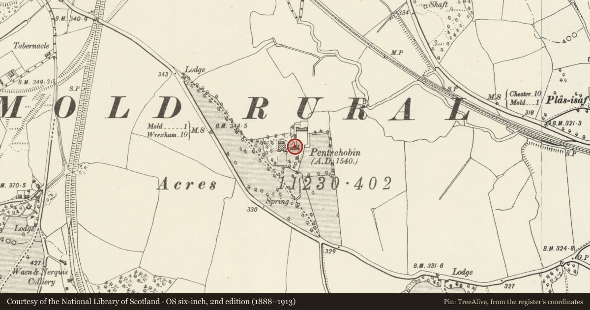 Ordnance Survey six-inch map, 2nd edition (1888–1913) covering the location of Llettau at Pentrehobyn, Leeswood and Pontblyddyn, Flintshire, with a pin at the register's coordinates