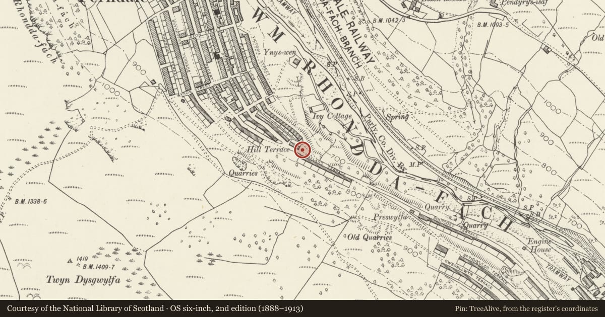 Ordnance Survey six-inch map, 2nd edition (1888–1913) covering the location of Church of Our Lady of Penrhys, Ferndale, Rhondda Cynon Taff, with a pin at the register's coordinates