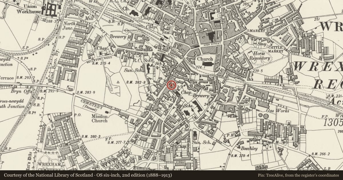 Ordnance Survey six-inch map, 2nd edition (1888–1913) covering the location of 1 Chapel Street, Offa, Wrexham, with a pin at the register's coordinates