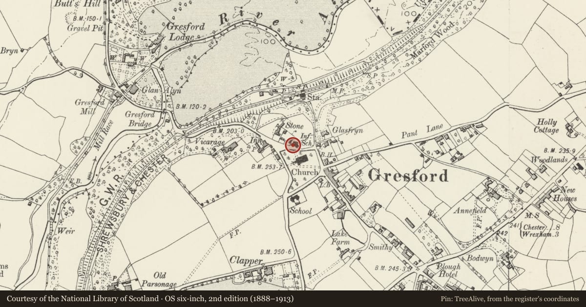 Ordnance Survey six-inch map, 2nd edition (1888–1913) covering the location of Achill, Gresford, Wrexham, with a pin at the register's coordinates