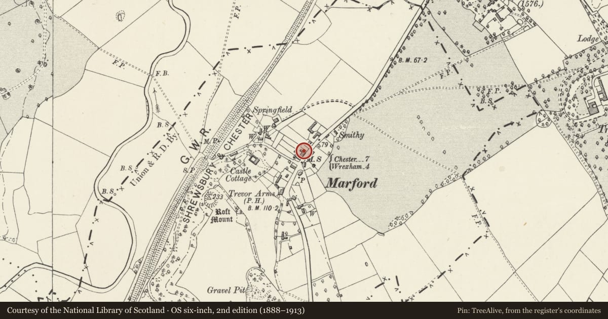 Ordnance Survey six-inch map, 2nd edition (1888–1913) covering the location of Jessamine Cottage, Gresford, Wrexham, with a pin at the register's coordinates