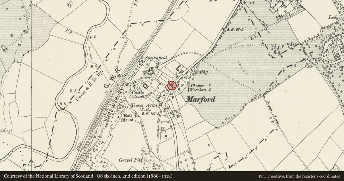 Ordnance Survey six-inch map, 2nd edition (1888–1913) covering the location of Stone Cottage, Gresford, Wrexham, with a pin at the register's coordinates