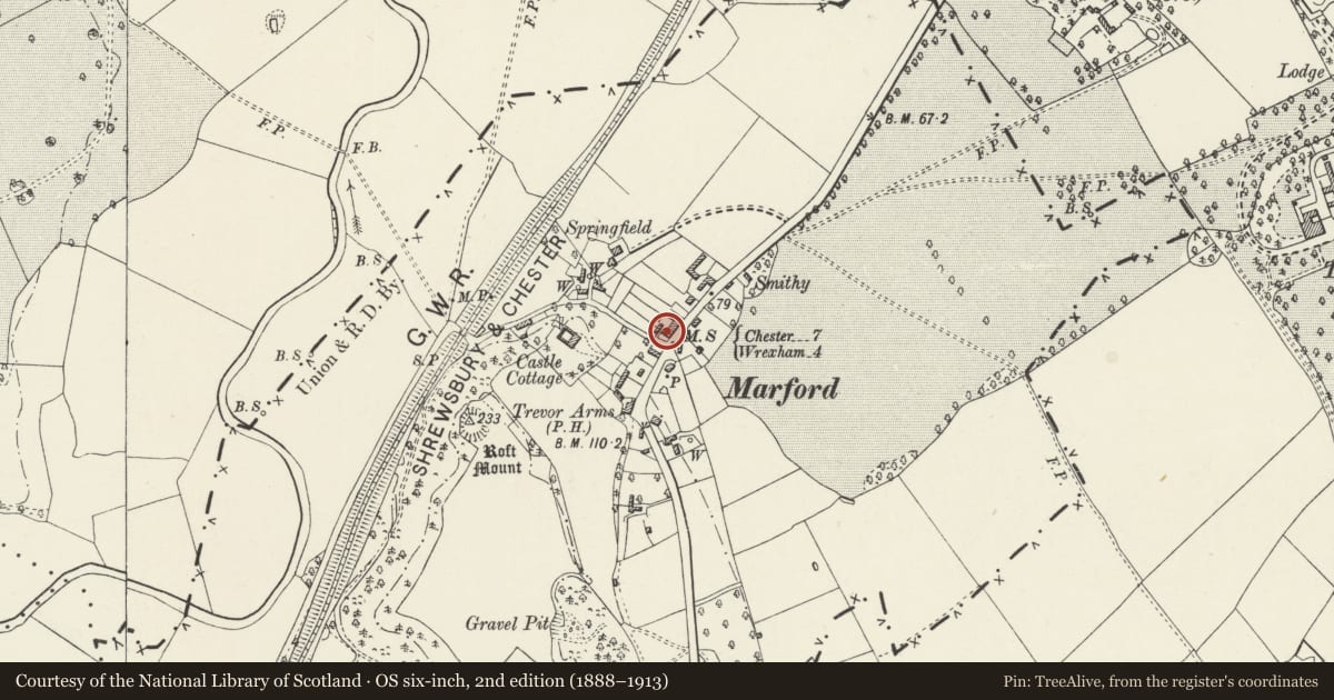 Ordnance Survey six-inch map, 2nd edition (1888–1913) covering the location of Myrtle Cottage, Gresford, Wrexham, with a pin at the register's coordinates