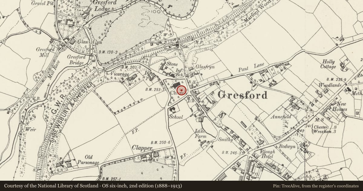 Ordnance Survey six-inch map, 2nd edition (1888–1913) covering the location of Grave of Ann Williams in the Graveyard to S of All Saints Church, Gresford, Wrexham, with a pin at the register's coordinates