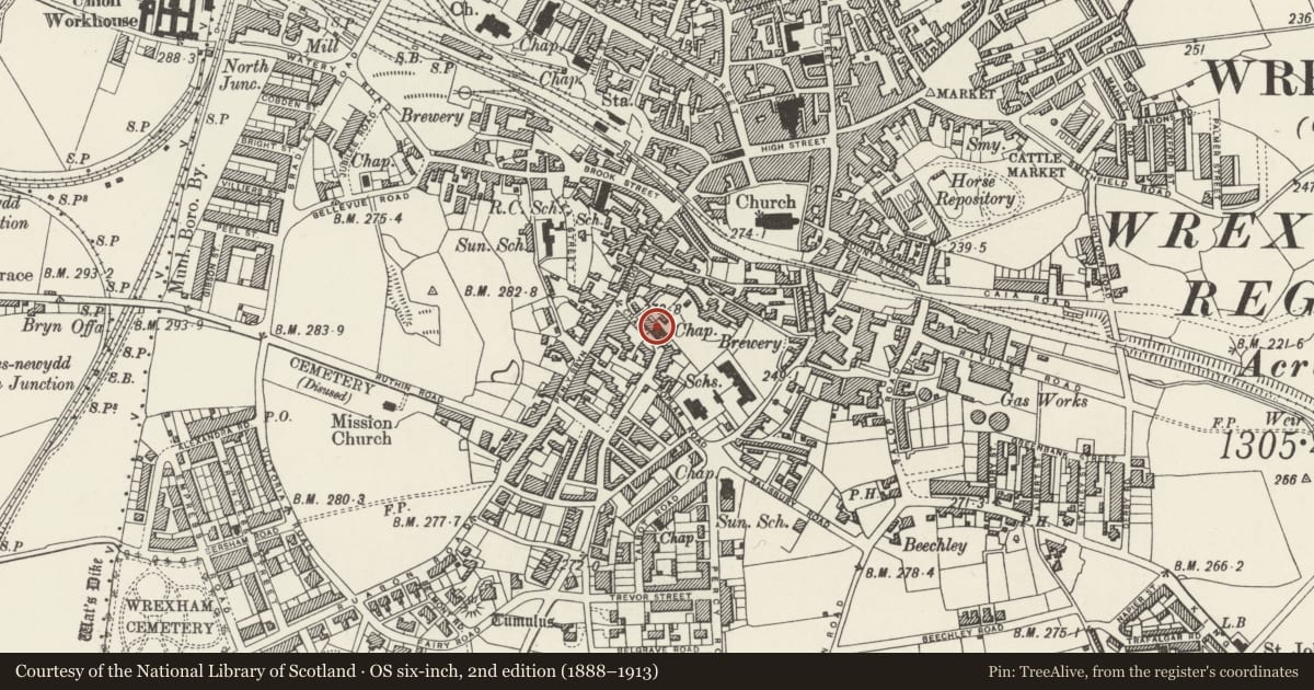 Ordnance Survey six-inch map, 2nd edition (1888–1913) covering the location of Pen-y-Bryn Welsh Baptist Chapel, Offa, Wrexham, with a pin at the register's coordinates