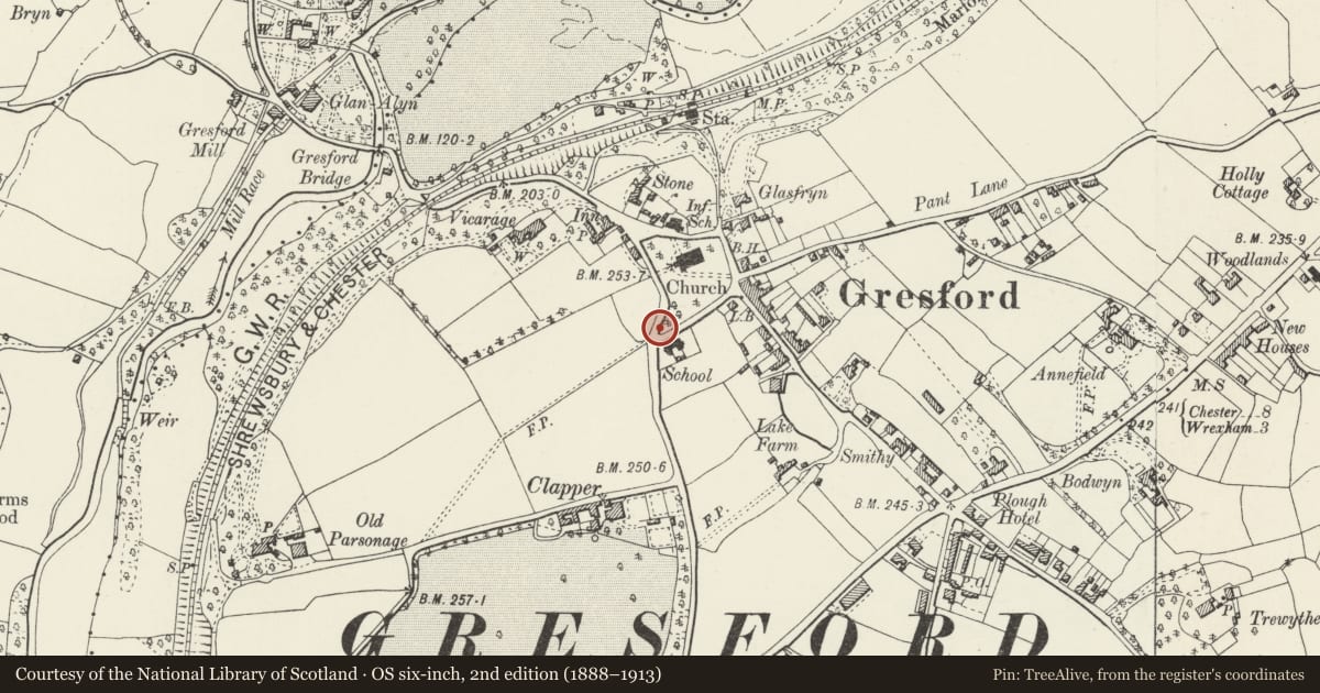 Ordnance Survey six-inch map, 2nd edition (1888–1913) covering the location of Graveyard Wall and Gatepiers to All Saints Church (included gates to S gateway), Gresford, Wrexham, with a pin at the register's coordinates