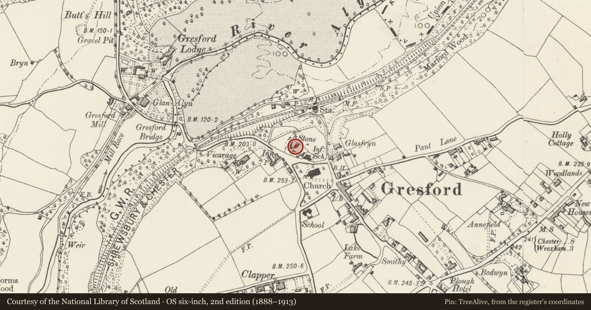 Ordnance Survey six-inch map, 2nd edition (1888–1913) covering the location of Circular Privy at Green Farm, Gresford, Wrexham, with a pin at the register's coordinates