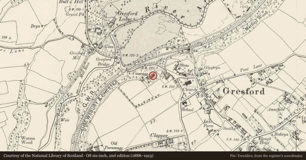 Ordnance Survey six-inch map, 2nd edition (1888–1913) covering the location of Cedar House, Gresford, Wrexham, with a pin at the register's coordinates