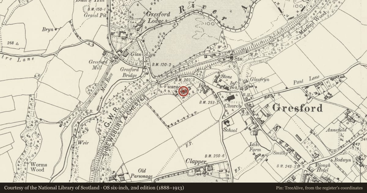 Ordnance Survey six-inch map, 2nd edition (1888–1913) covering the location of Stables at Cedar House, Gresford, Wrexham, with a pin at the register's coordinates