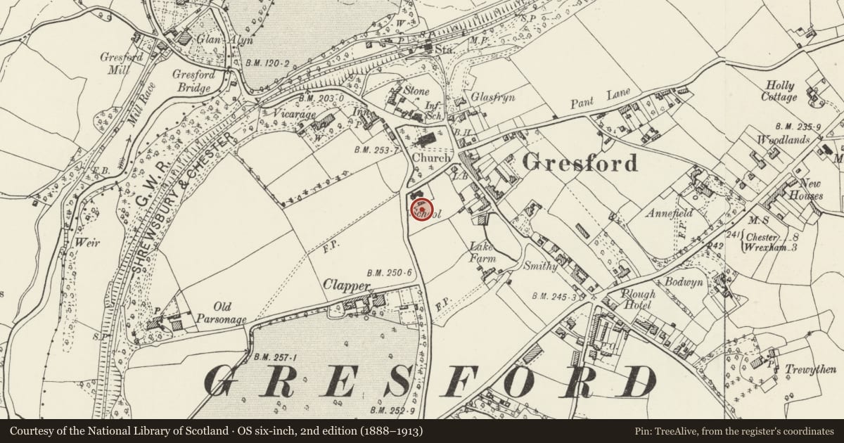 Ordnance Survey six-inch map, 2nd edition (1888–1913) covering the location of All Saints Primary School, Gresford, Wrexham, with a pin at the register's coordinates