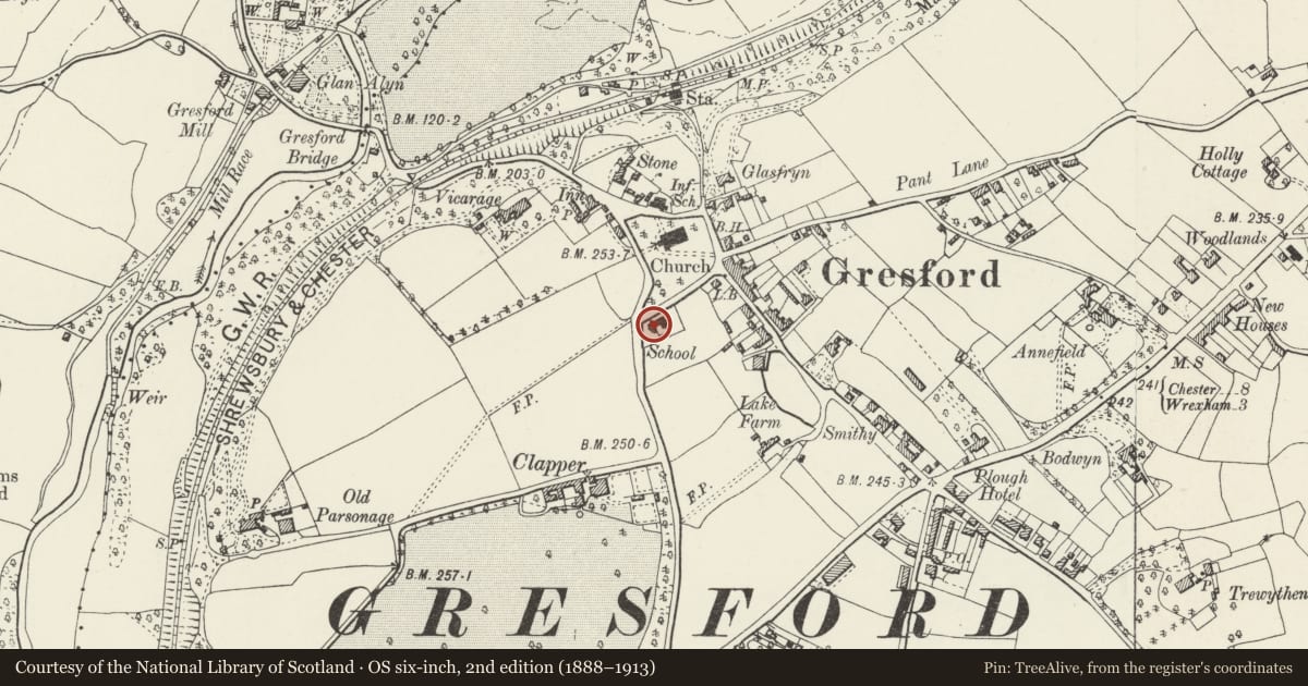 Ordnance Survey six-inch map, 2nd edition (1888–1913) covering the location of Former Schoolroom, Gresford, Wrexham, with a pin at the register's coordinates