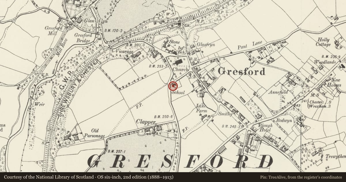 Ordnance Survey six-inch map, 2nd edition (1888–1913) covering the location of Schoolhouse and attached Walls and gatepiers, Gresford, Wrexham, with a pin at the register's coordinates