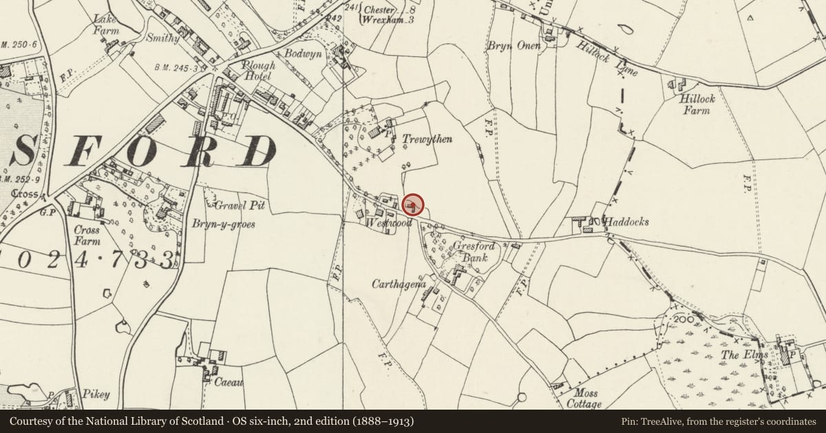 Ordnance Survey six-inch map, 2nd edition (1888–1913) covering the location of Greenbank, Gresford, Wrexham, with a pin at the register's coordinates