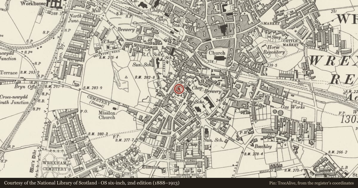 Ordnance Survey six-inch map, 2nd edition (1888–1913) covering the location of 4 Chapel Street, Offa, Wrexham, with a pin at the register's coordinates