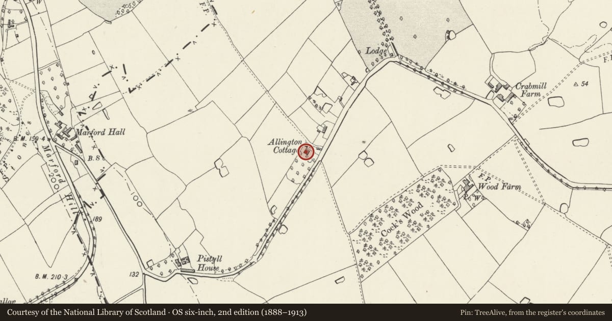Ordnance Survey six-inch map, 2nd edition (1888–1913) covering the location of Allington Farmhouse, Gresford, Wrexham, with a pin at the register's coordinates