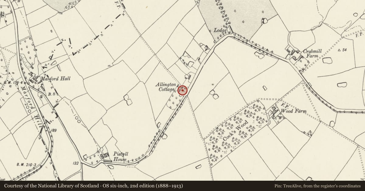 Ordnance Survey six-inch map, 2nd edition (1888–1913) covering the location of Allington Farm Gatehouse, Gresford, Wrexham, with a pin at the register's coordinates