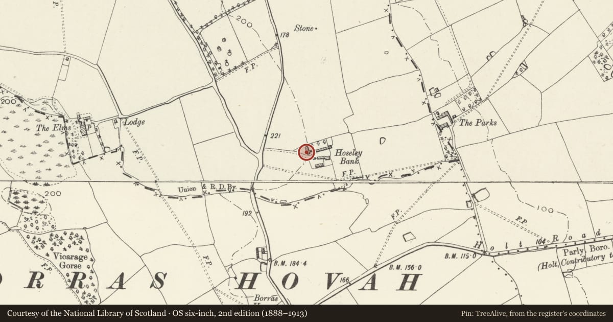 Ordnance Survey six-inch map, 2nd edition (1888–1913) covering the location of Hoseley Bank Farmhouse, Gresford, Wrexham, with a pin at the register's coordinates