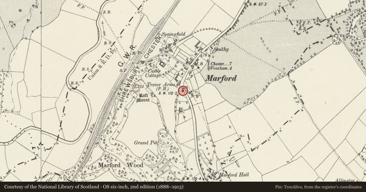 Ordnance Survey six-inch map, 2nd edition (1888–1913) covering the location of The Cottage also known as Walnut Cottage, Gresford, Wrexham, with a pin at the register's coordinates