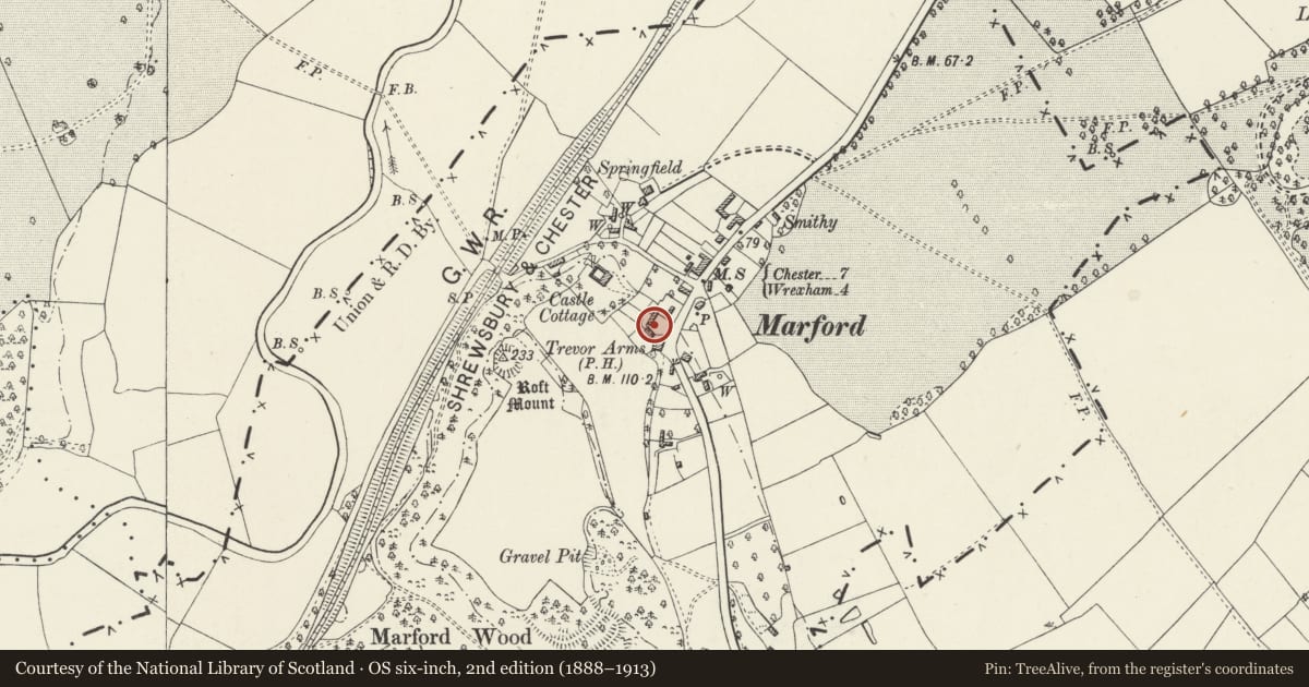 Ordnance Survey six-inch map, 2nd edition (1888–1913) covering the location of Stable Block at Trevor Arms Hotel, Gresford, Wrexham, with a pin at the register's coordinates