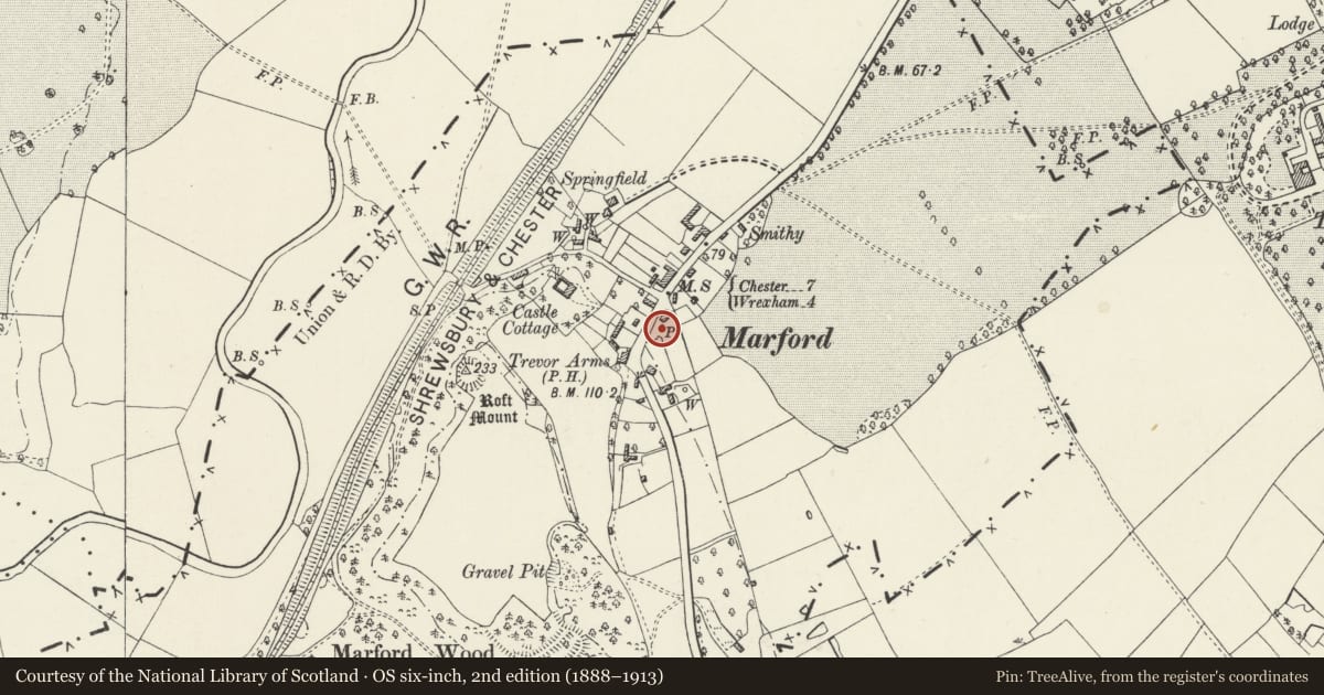 Ordnance Survey six-inch map, 2nd edition (1888–1913) covering the location of Summerhouse at Holly Cottage, Gresford, Wrexham, with a pin at the register's coordinates