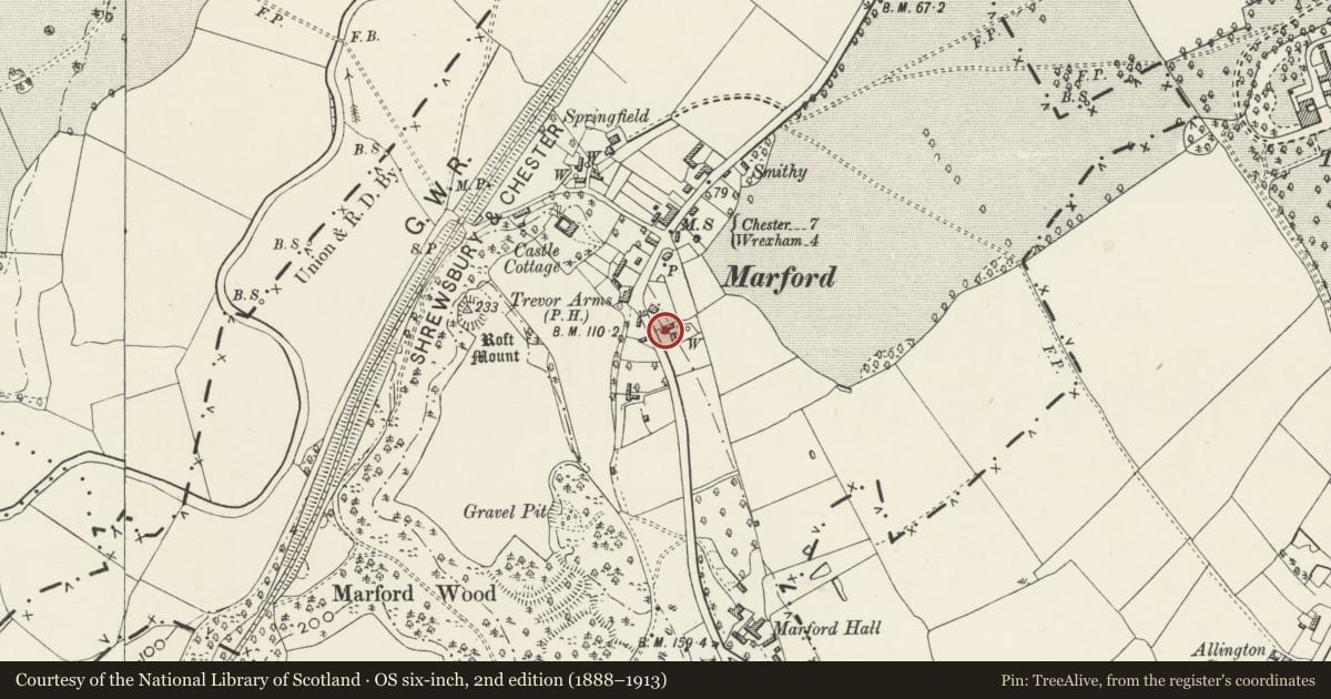 Ordnance Survey six-inch map, 2nd edition (1888–1913) covering the location of Pair of Circular Privies, Gresford, Wrexham, with a pin at the register's coordinates