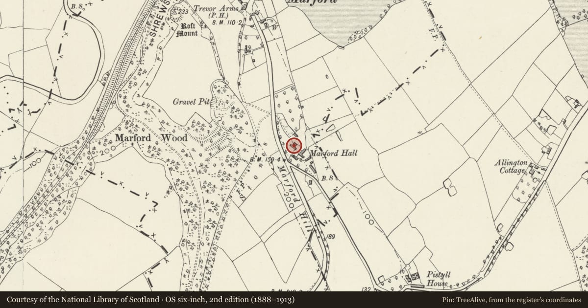 Ordnance Survey six-inch map, 2nd edition (1888–1913) covering the location of Marford Hall, Gresford, Wrexham, with a pin at the register's coordinates