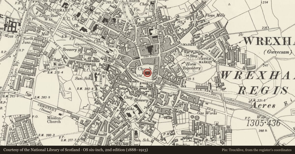 Ordnance Survey six-inch map, 2nd edition (1888–1913) covering the location of Parish Church of St Giles, Offa, Wrexham, with a pin at the register's coordinates