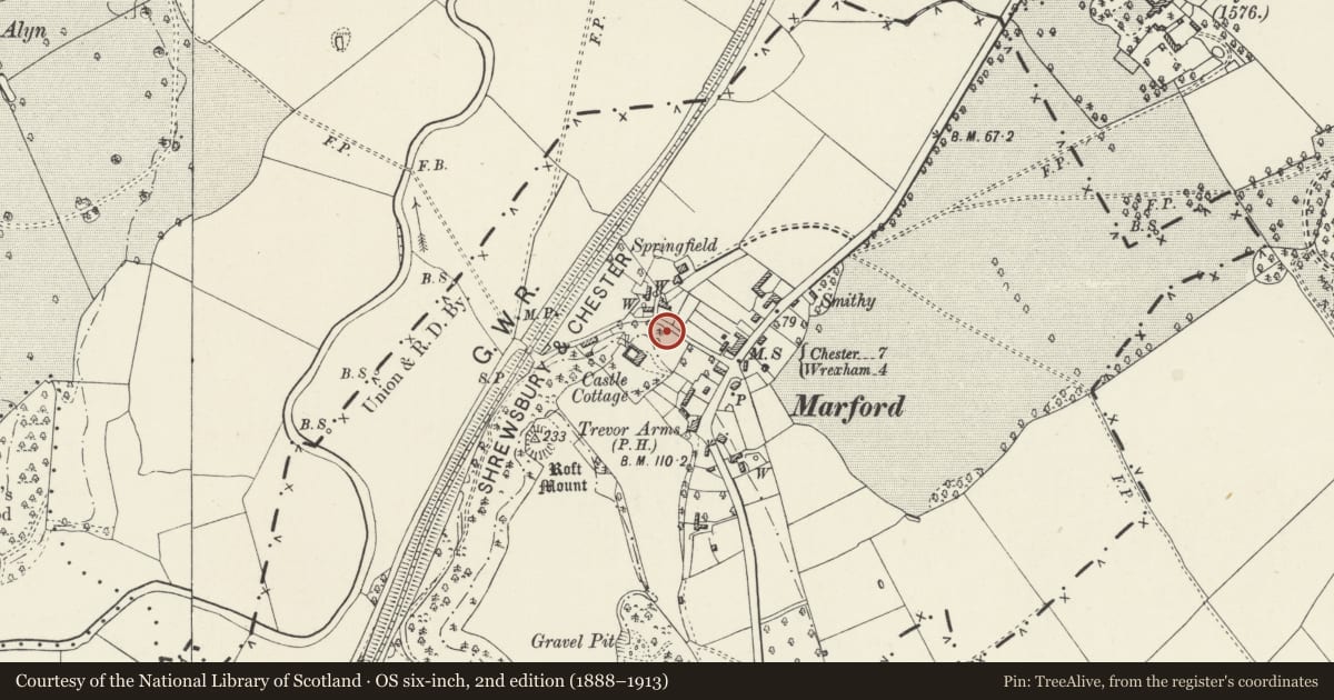 Ordnance Survey six-inch map, 2nd edition (1888–1913) covering the location of Gatepiers and attached Walls flanking main drive entrance to Roft Castle House, Gresford, Wrexham, with a pin at the register's coordinates