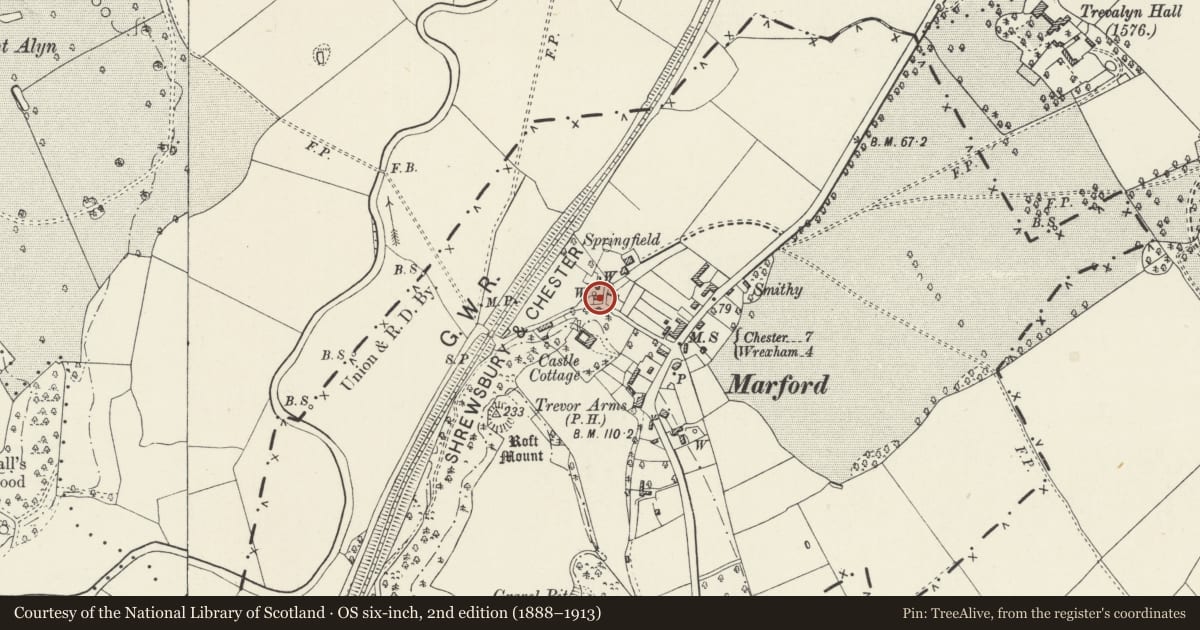 Ordnance Survey six-inch map, 2nd edition (1888–1913) covering the location of Pistyll Bank, Gresford, Wrexham, with a pin at the register's coordinates