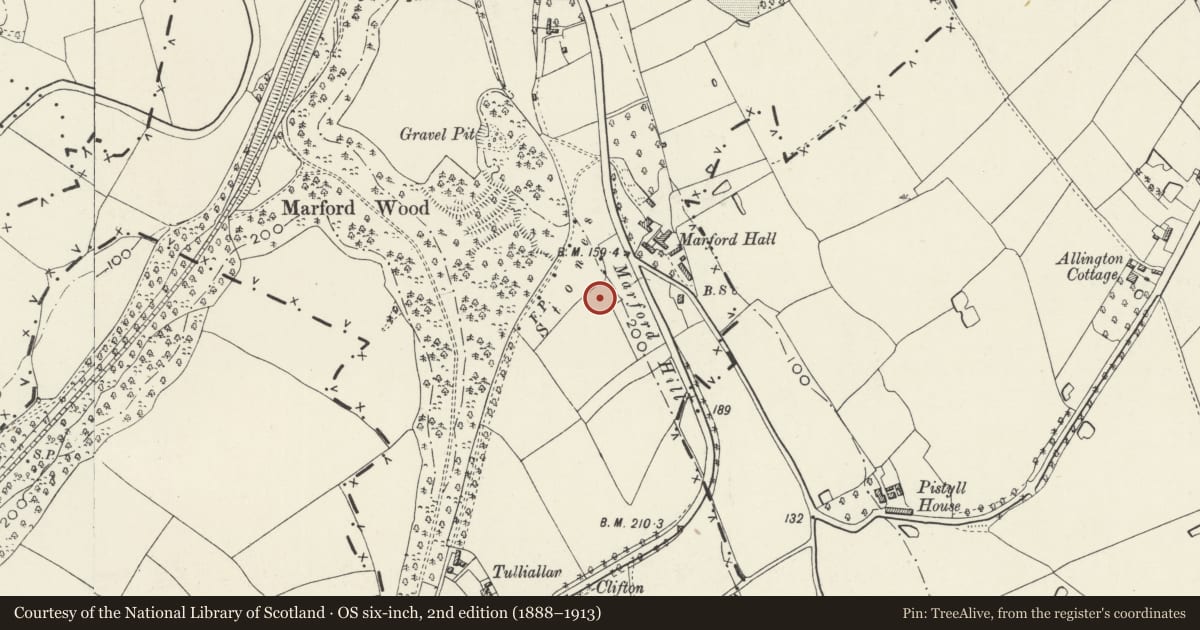 Ordnance Survey six-inch map, 2nd edition (1888–1913) covering the location of No 18, Oakmount, Gresford, Wrexham, with a pin at the register's coordinates