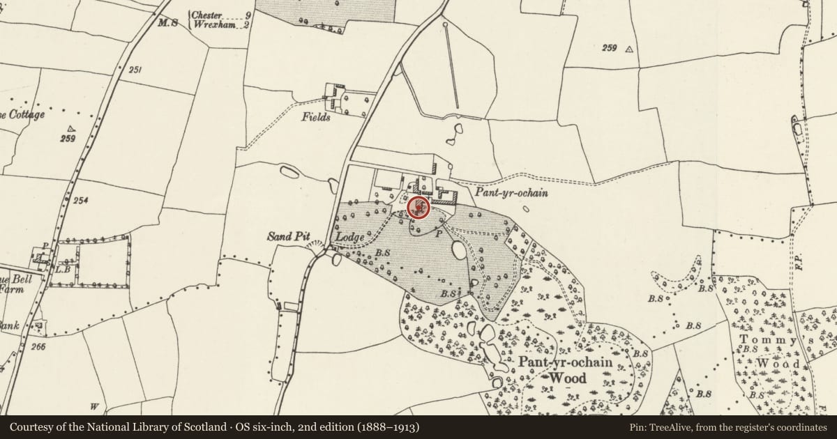 Ordnance Survey six-inch map, 2nd edition (1888–1913) covering the location of Pant-yr-ochain Hotel, Gresford, Wrexham, with a pin at the register's coordinates