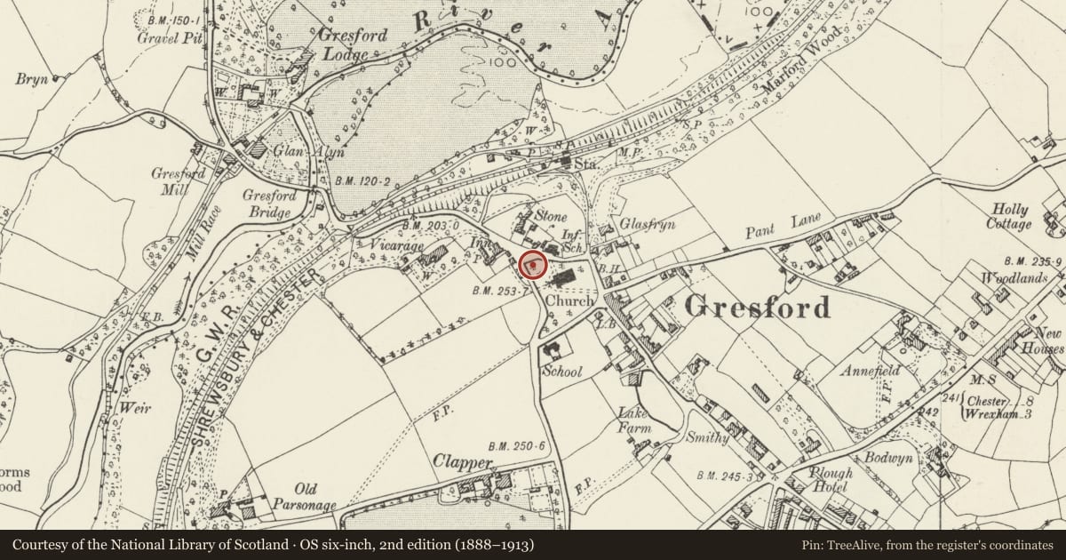 Ordnance Survey six-inch map, 2nd edition (1888–1913) covering the location of No 3 of 5 Graves in the Graveyard to NW of All Saints Church, Gresford, Wrexham, with a pin at the register's coordinates