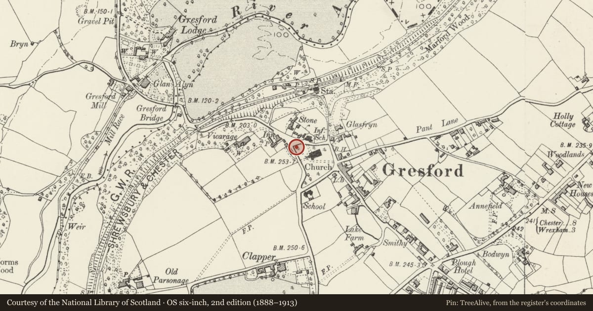 Ordnance Survey six-inch map, 2nd edition (1888–1913) covering the location of No 4 of 5 Graves in the Graveyard to NW of All Saints Church, Gresford, Wrexham, with a pin at the register's coordinates
