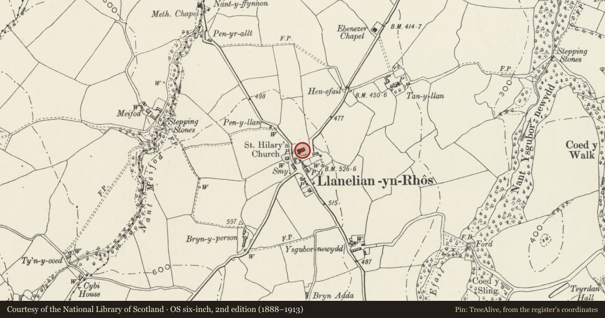 Ordnance Survey six-inch map, 2nd edition (1888–1913) covering the location of Parish Church of St Elian, Betws Yn Rhos, Conwy, with a pin at the register's coordinates