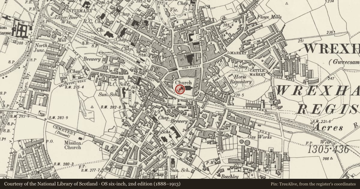 Ordnance Survey six-inch map, 2nd edition (1888–1913) covering the location of Tomb of Elihu Yale, west of Church of St Giles, Offa, Wrexham, with a pin at the register's coordinates