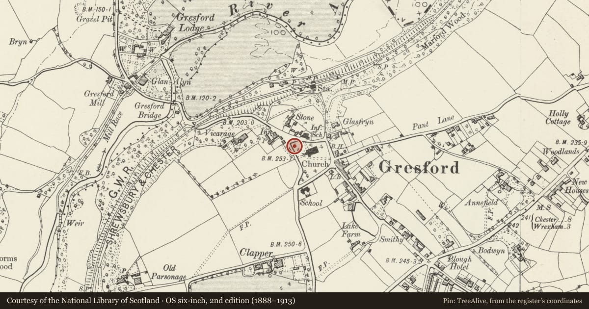 Ordnance Survey six-inch map, 2nd edition (1888–1913) covering the location of No 5 of 5 Graves in the Graveyard to NW of All Saints Church, Gresford, Wrexham, with a pin at the register's coordinates