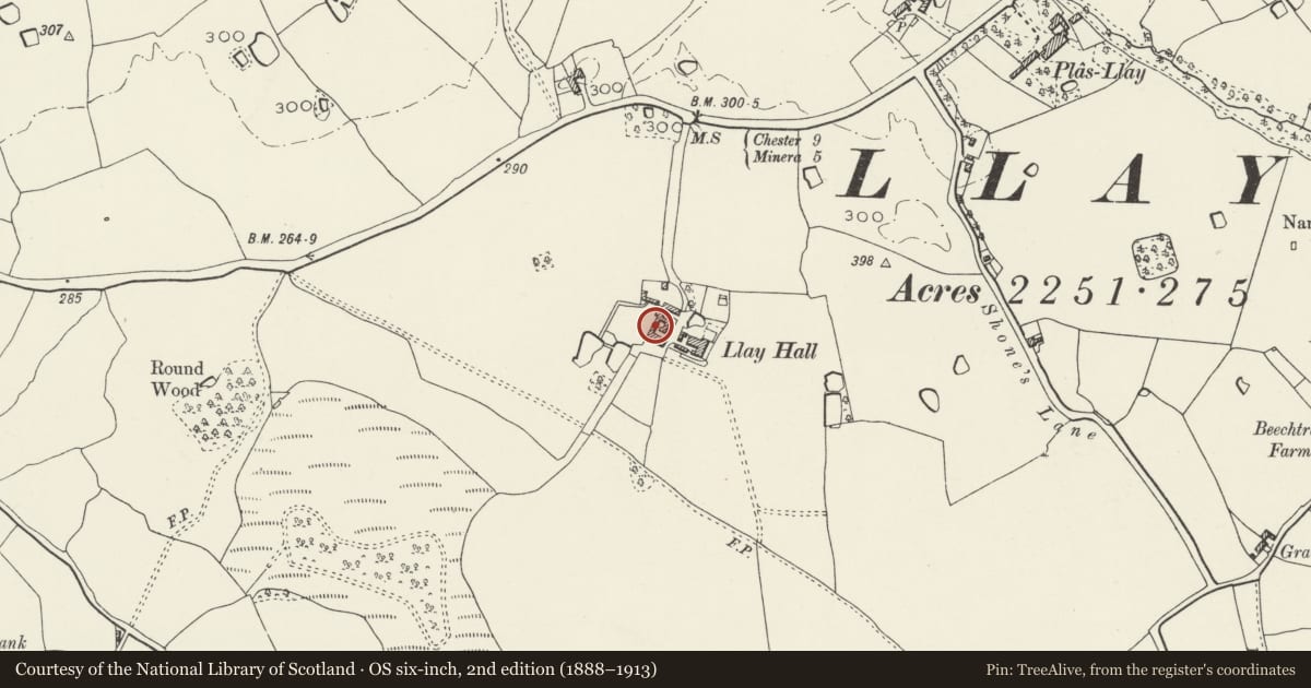 Ordnance Survey six-inch map, 2nd edition (1888–1913) covering the location of U- shaped Farmyard Ranges at Llay Hall Farm, Wrexham, with a pin at the register's coordinates